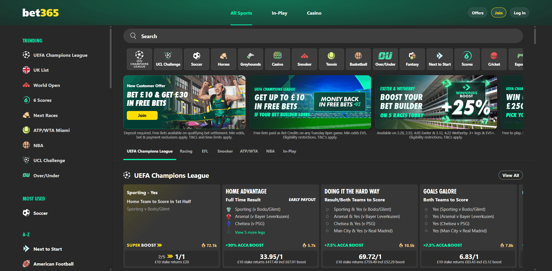 Bet365 website screenshot
