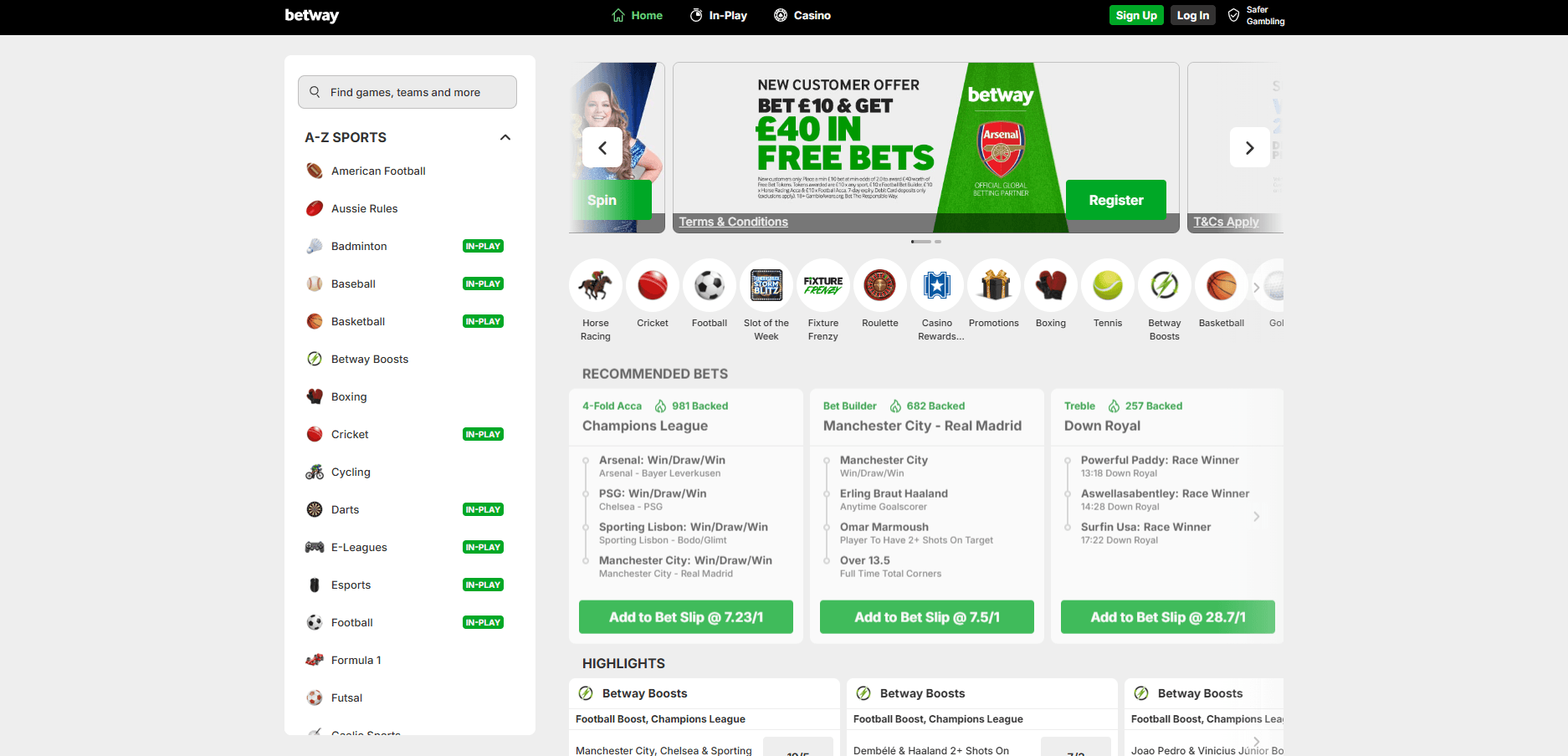 Betway website screenshot